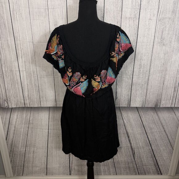 Judith March Women's Medium Black Embroidery Floral Birds Off Shoulder Dress - Picture 4 of 8